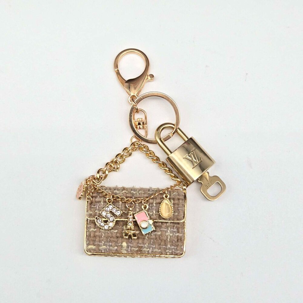 Authentic Louis Vuitton Padlock & Key Gold ✨Unbranded Tweed Bag Charm Keychain - Picture 2 of 9